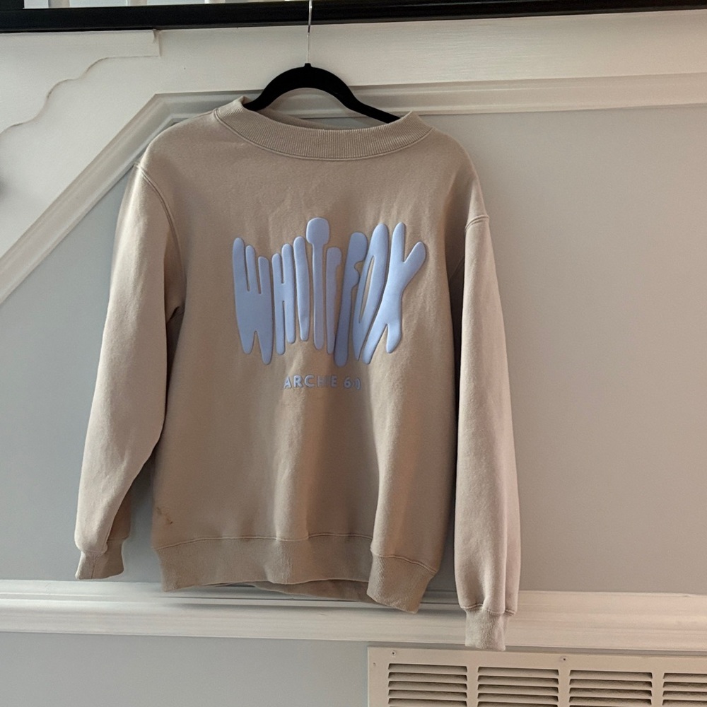 White Fox Boutique Beige Crewneck Sweater with White Logo